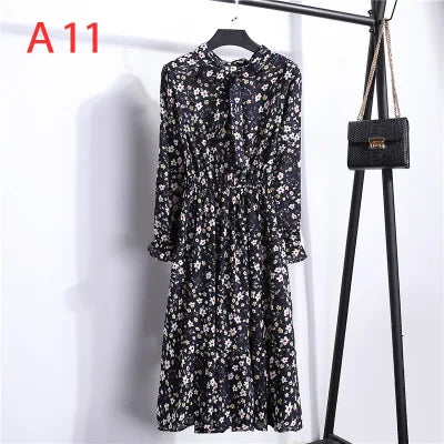 2020 New Autumn Women Dress For Ladies Long Sleeve Vintage Chiffon Shirt Dress Casual Black Red Floral Winter Midi Dress Vestido