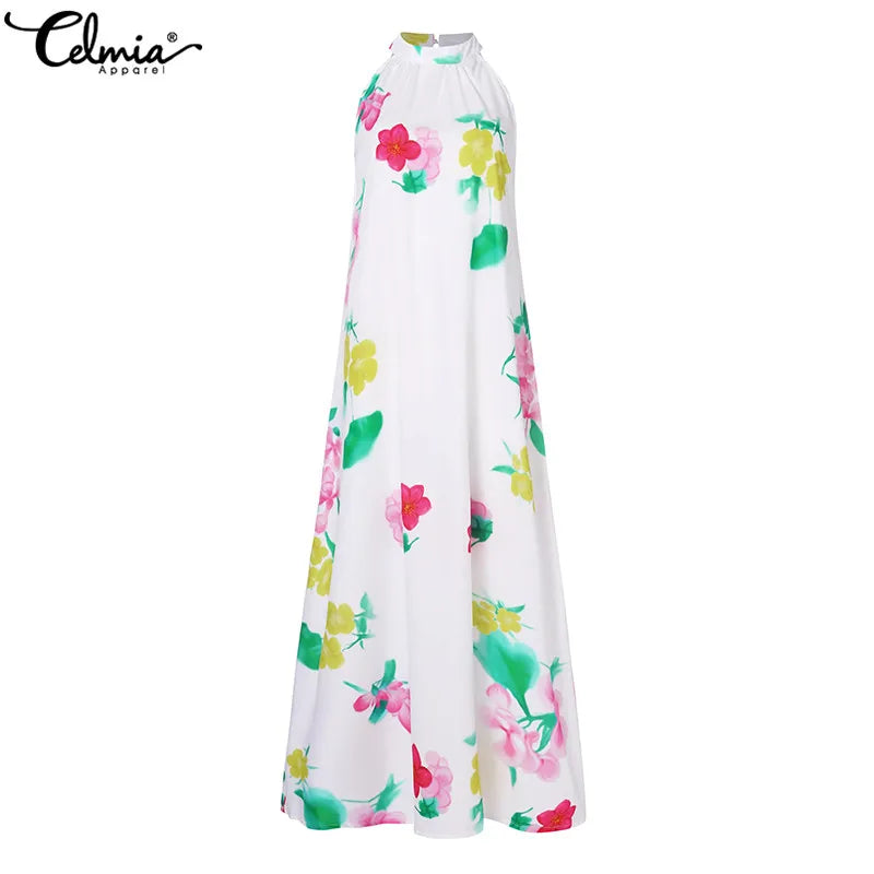 Celmia Bohemian Floral Print Long Dress Women Summer Maxi Sundress Sexy Halter Sleeveless Casual Loose Ruffled Vestidos Robe 5XL