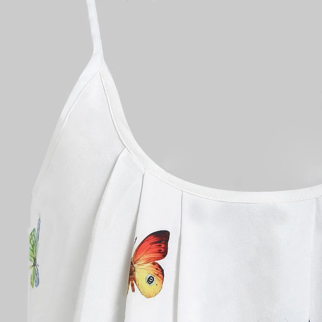 Lady Large Size Butterfly Print Loose Strap Dress Summer Simple Outdoor Leisure Beach Holiday Party Mini O-neck Dress Plus Size