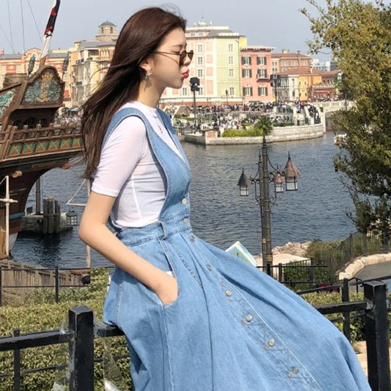NORMOV Denim Dress Women Fashion Solid V Neck Sleeveless Backless With Button Pocket Mid Calf Cotton Strap Dress Office Lady