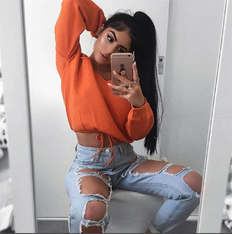 New Fashion Sexy Women Autumn Crop Hoodies Long Sleeve Casual Female Cotton Sweatshirts Deep V Neck Off Shoulder Street Wear
