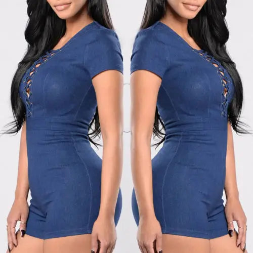Women Bodycon Tunic Short Sleeve Denim Jeans Romper Playsuit Short Trousers