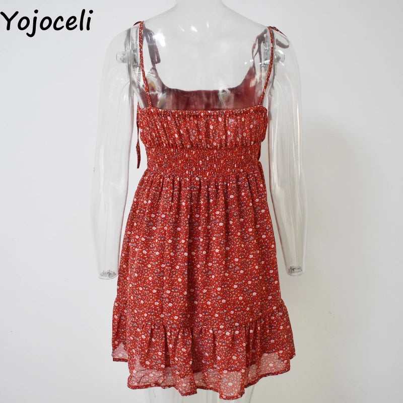 Yojoceli Sexy print short ruffle dress women Summer elegant party mini dress female Casual daily strap sundress vestidos