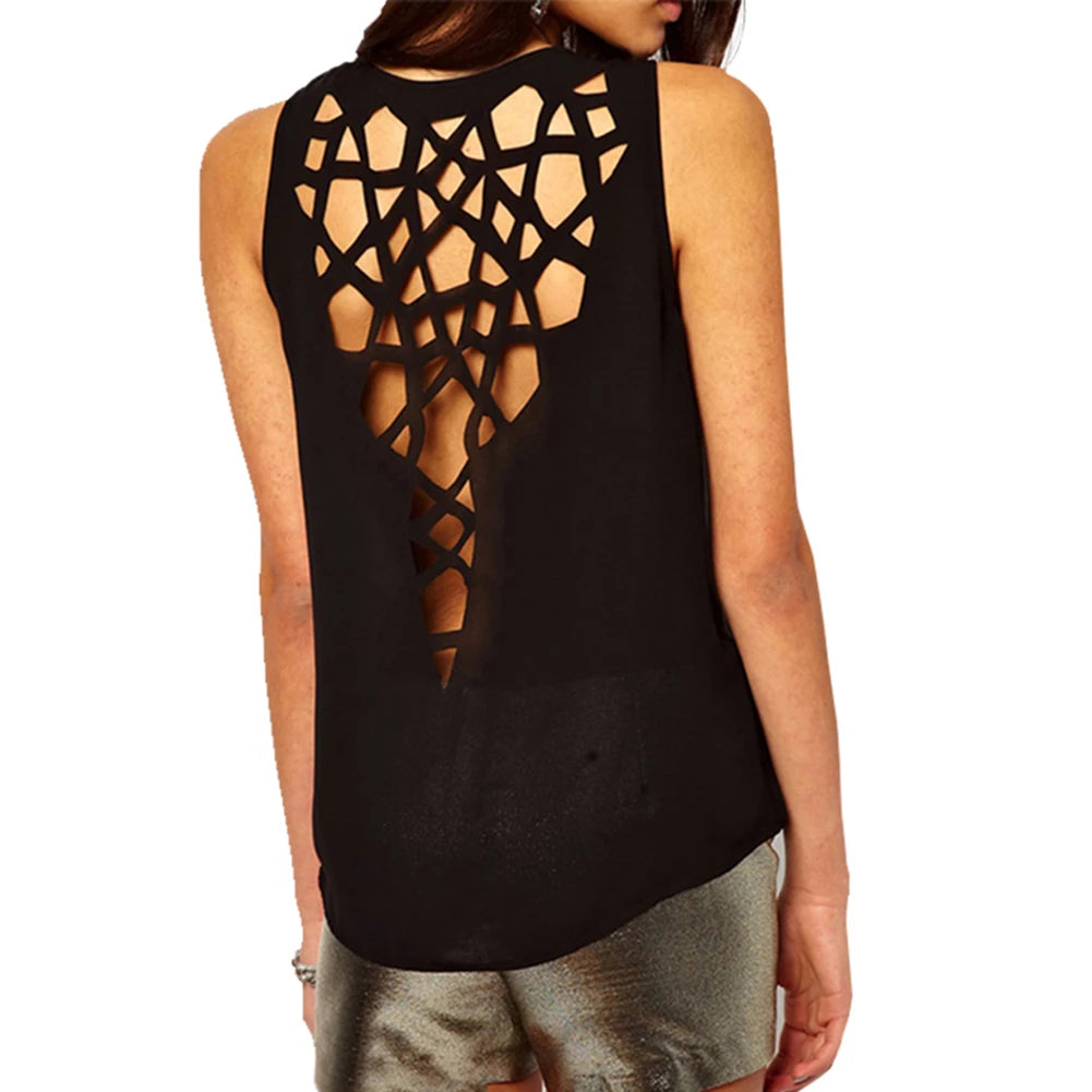 2018 Womens Top Fashion Back Hollow Shirt Summer O neck Sleeveless Casual Blusas Femininas Chiffon Blouse Ladies