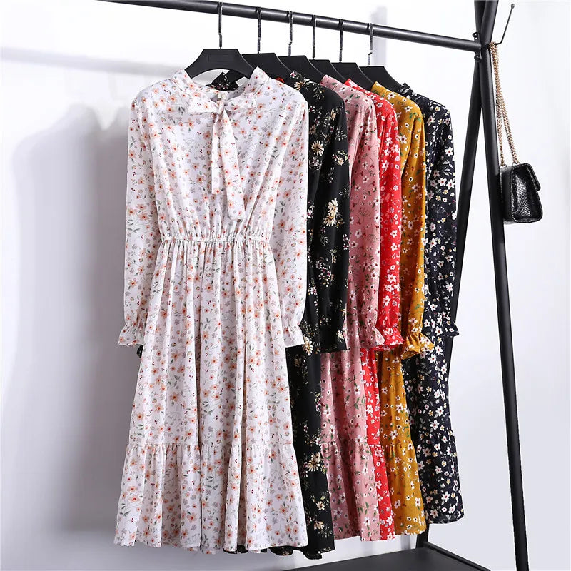 2020 New Autumn Women Dress For Ladies Long Sleeve Vintage Chiffon Shirt Dress Casual Black Red Floral Winter Midi Dress Vestido