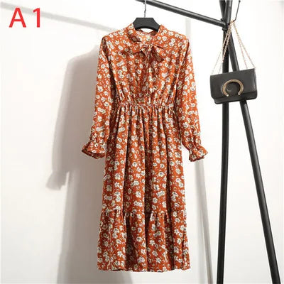 2020 New Autumn Women Dress For Ladies Long Sleeve Vintage Chiffon Shirt Dress Casual Black Red Floral Winter Midi Dress Vestido