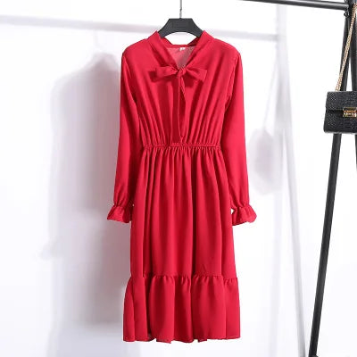 2020 New Autumn Women Dress For Ladies Long Sleeve Vintage Chiffon Shirt Dress Casual Black Red Floral Winter Midi Dress Vestido
