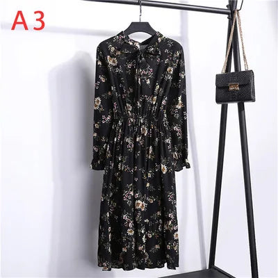 2020 New Autumn Women Dress For Ladies Long Sleeve Vintage Chiffon Shirt Dress Casual Black Red Floral Winter Midi Dress Vestido