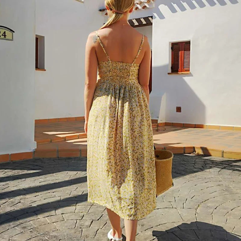 BEFORW Women Summer Dress 2019 Sexy Straps Bohemian Floral Tunic Beach Dress Sundress Pocket Red Dresses Female