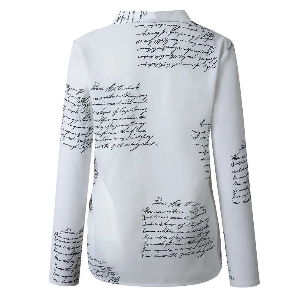 Blouse Women Letters Printed Plus Size Shirt Buttons V neck Women Tops White Clothes Long Sleeve Shirts рубашка женская #H15