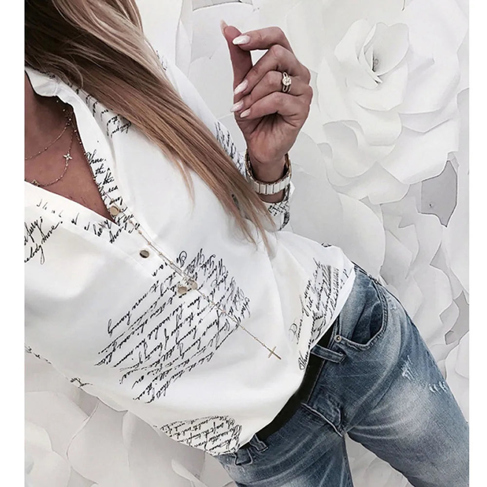 Blouse Women Letters Printed Plus Size Shirt Buttons V neck Women Tops White Clothes Long Sleeve Shirts рубашка женская #H15