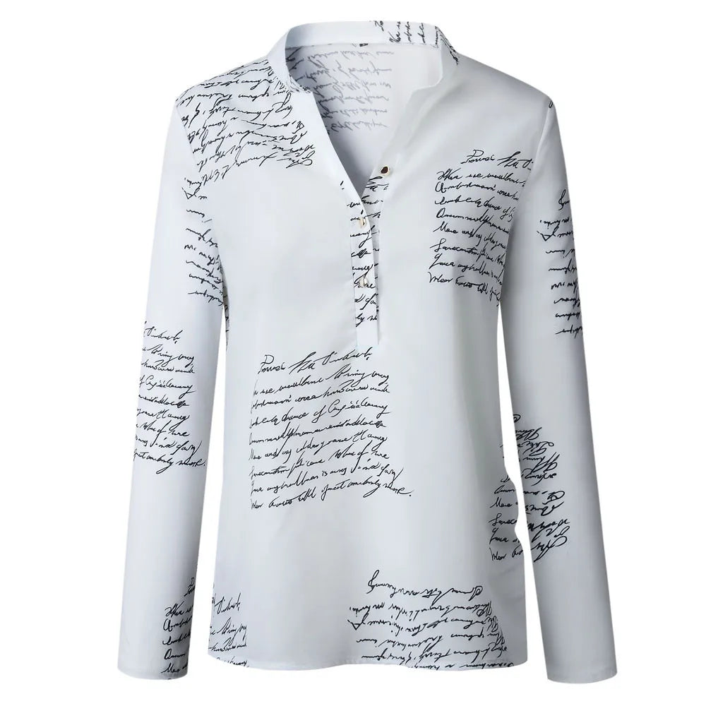 Blouse Women Letters Printed Plus Size Shirt Buttons V neck Women Tops White Clothes Long Sleeve Shirts рубашка женская #H15