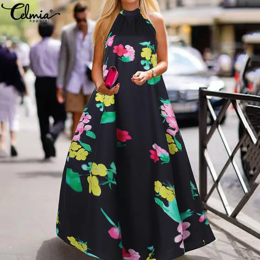 Celmia Bohemian Floral Print Long Dress Women Summer Maxi Sundress Sexy Halter Sleeveless Casual Loose Ruffled Vestidos Robe 5XL