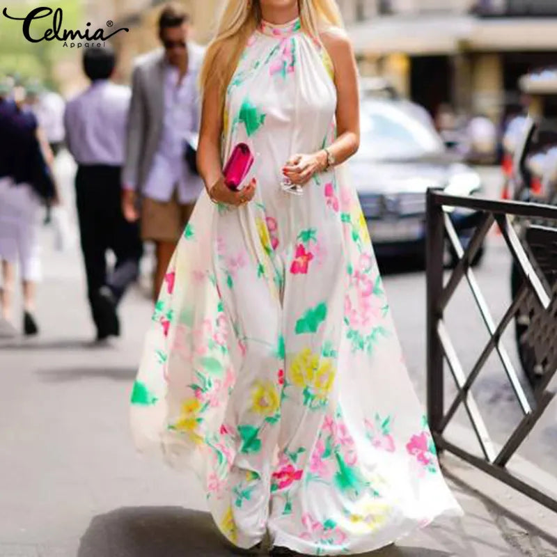 Celmia Bohemian Floral Print Long Dress Women Summer Maxi Sundress Sexy Halter Sleeveless Casual Loose Ruffled Vestidos Robe 5XL