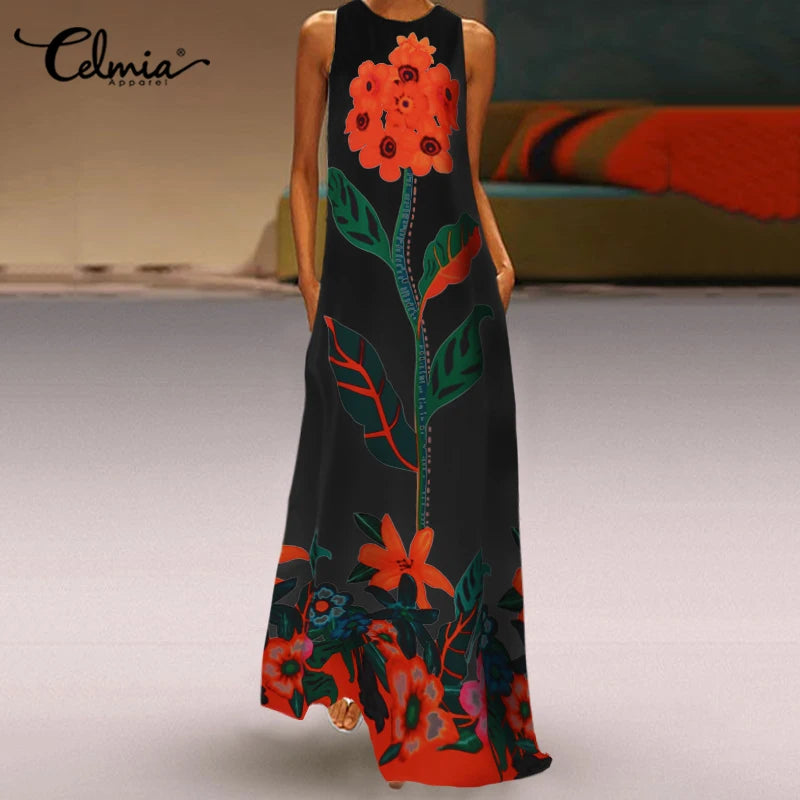 Celmia Bohemian Floral Print Long Dress Women Summer Maxi Sundress Sexy Halter Sleeveless Casual Loose Ruffled Vestidos Robe 5XL