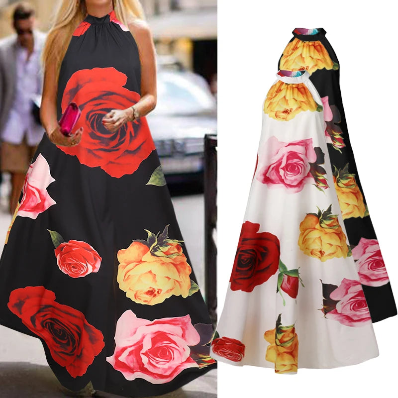 Celmia Bohemian Floral Print Long Dress Women Summer Maxi Sundress Sexy Halter Sleeveless Casual Loose Ruffled Vestidos Robe 5XL