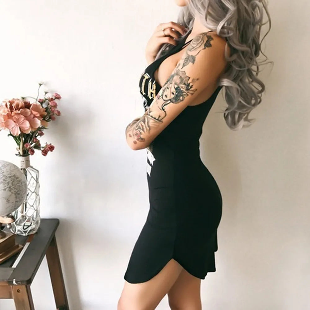 Colors S XXXXXL Women Skinny Sheath Party Sexy Deep V Neck Letter Print Short Mini Dress Halter Club Dance Dresses YL NEW
