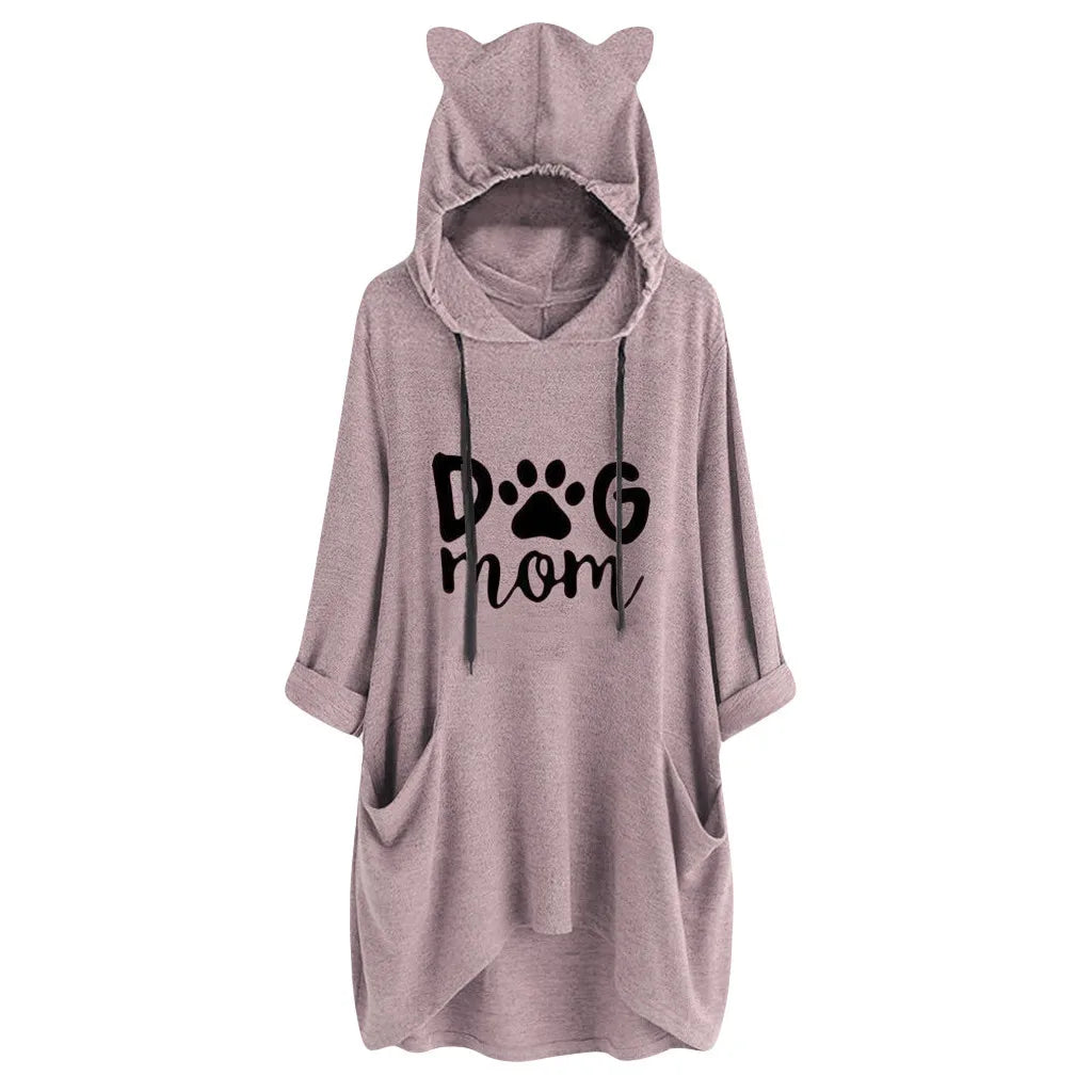 Dog Mom Hoodie Womens kawaii Cat Ears Hooded Sweatshirt Casual Loose Long Sleeve Pockets Irregular Blouse Pullover Moleton Tops