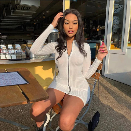 Hugcitar zipper patchwork long sleeve sexy mini dress 2019 autumn winter women fashion streetwear solid party dresses