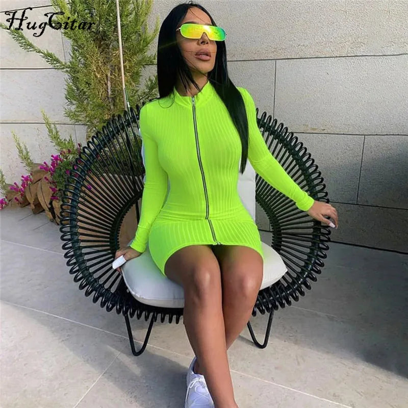 Hugcitar zipper patchwork long sleeve sexy mini dress 2019 autumn winter women fashion streetwear solid party dresses