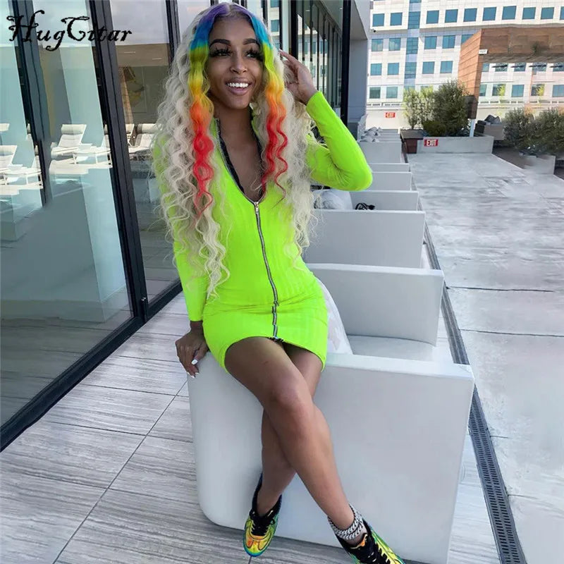 Hugcitar zipper patchwork long sleeve sexy mini dress 2019 autumn winter women fashion streetwear solid party dresses