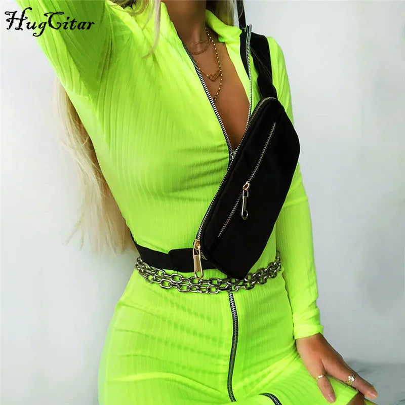Hugcitar zipper patchwork long sleeve sexy mini dress 2019 autumn winter women fashion streetwear solid party dresses