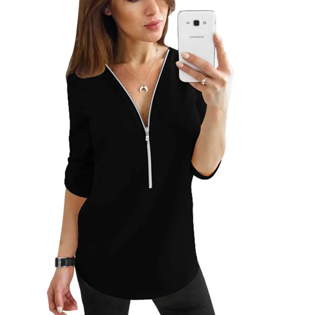Jocoo Jolee Women Zipper Short Sleeve Shirts Womens Tops And Blouses Sexy V Neck Tee Shirts Casual Tops Female Tunic Plus Size