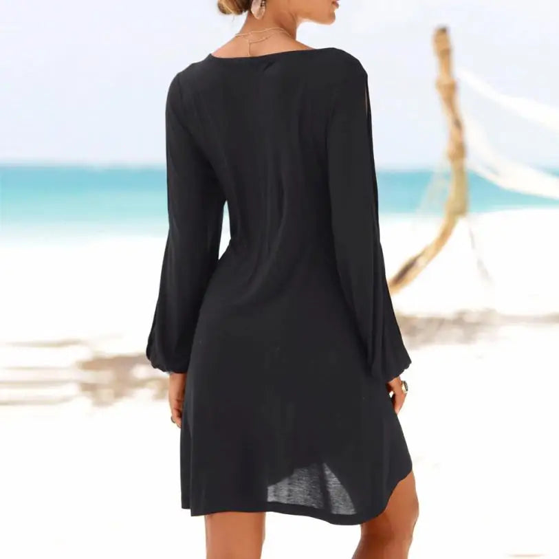 KANCOOLD dress Fashion Women Casual O Neck Hollow Out Sleeve Straight Dress Solid Beach Style Mini dress women 2018jul20