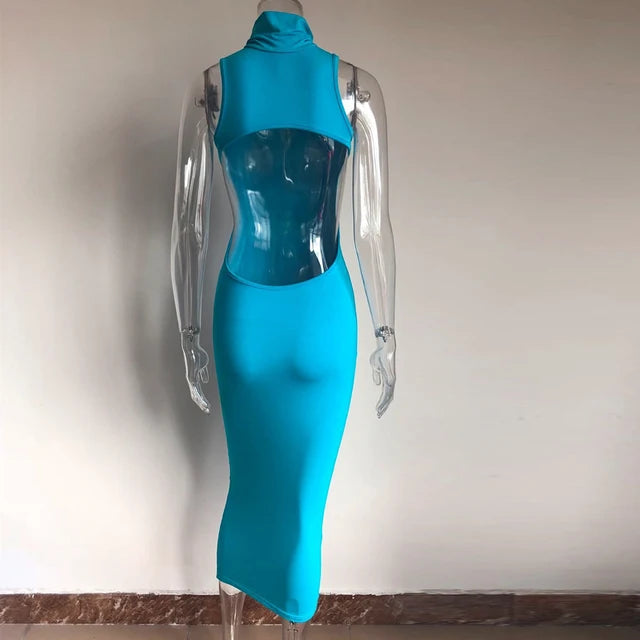 KGFIGU Vestidos De Verano 2021 Summer Blue Maxi Long Dress Solid High Turtleneck Bodycon Outfits Woman Backless Party Clubwear