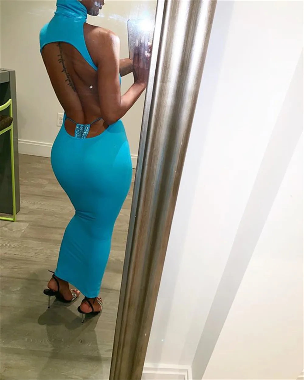 KGFIGU Vestidos De Verano 2021 Summer Blue Maxi Long Dress Solid High Turtleneck Bodycon Outfits Woman Backless Party Clubwear