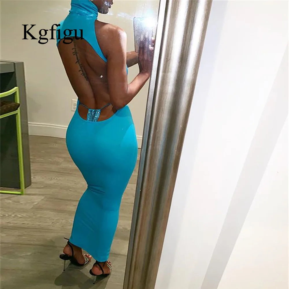 KGFIGU Vestidos De Verano 2021 Summer Blue Maxi Long Dress Solid High Turtleneck Bodycon Outfits Woman Backless Party Clubwear