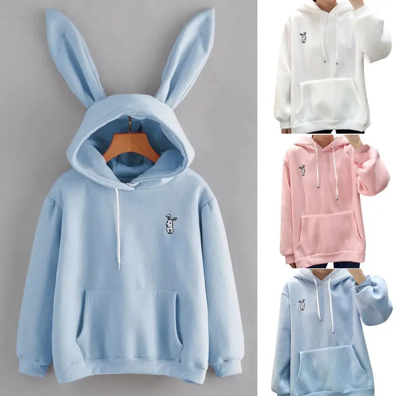 Kawaii Sweet Rabbit Ears Hooded Sweatshirt Women Hoodies Harajuku Loose Embroidery Cartoon Pullovers Tracksuits Sweatshirt Plus