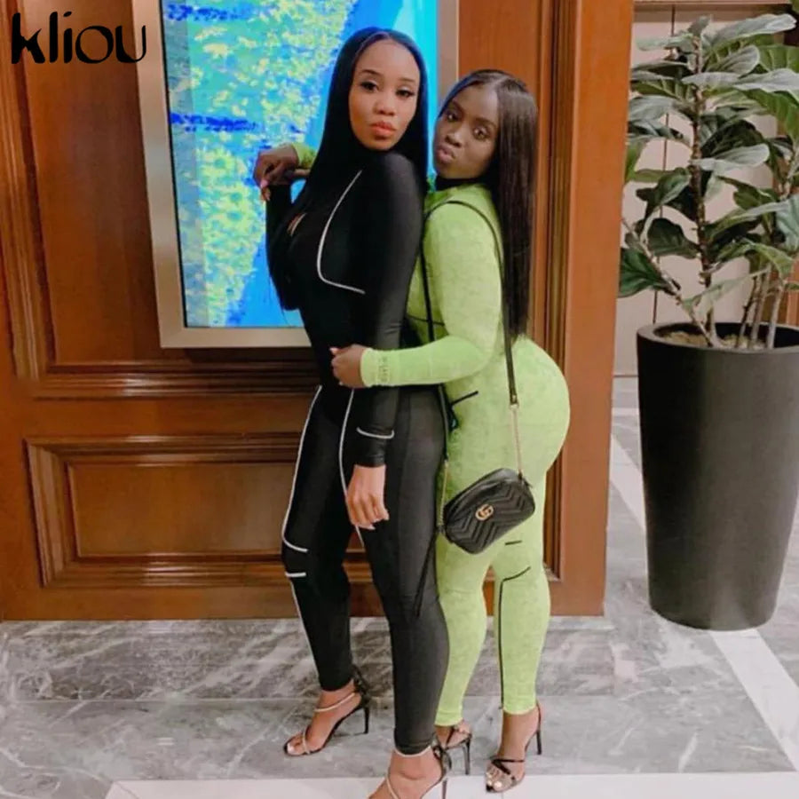 Kliou women skinny long rompers jumpsuit zipper turtleneck good elastic bodysuit 2019 autumn new fashion reflective patchwork