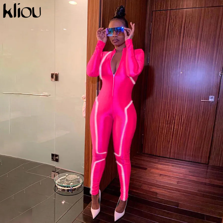 Kliou women skinny long rompers jumpsuit zipper turtleneck good elastic bodysuit 2019 autumn new fashion reflective patchwork