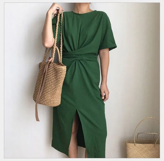 LANMREM 2020 Summer  New Solid Color Loose Round Neck Natural Waist Vintage Split The Fork Fashion Women Dress E4100