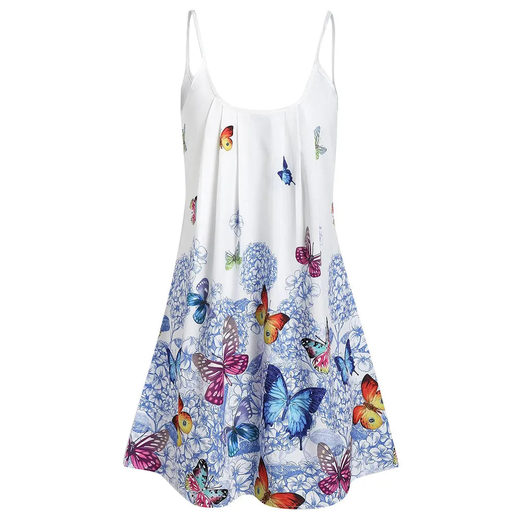 Lady Large Size Butterfly Print Loose Strap Dress Summer Simple Outdoor Leisure Beach Holiday Party Mini O-neck Dress Plus Size