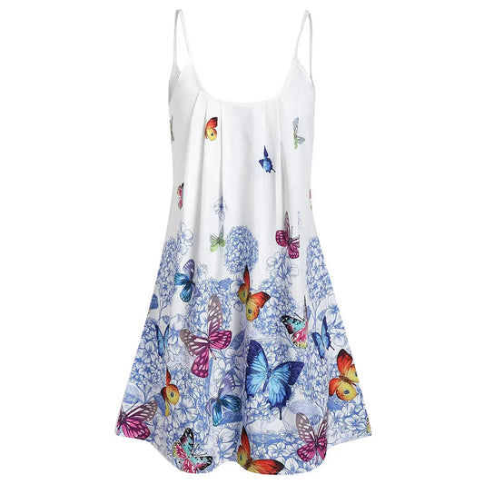 Lady Large Size Butterfly Print Loose Strap Dress Summer Simple Outdoor Leisure Beach Holiday Party Mini O-neck Dress Plus Size