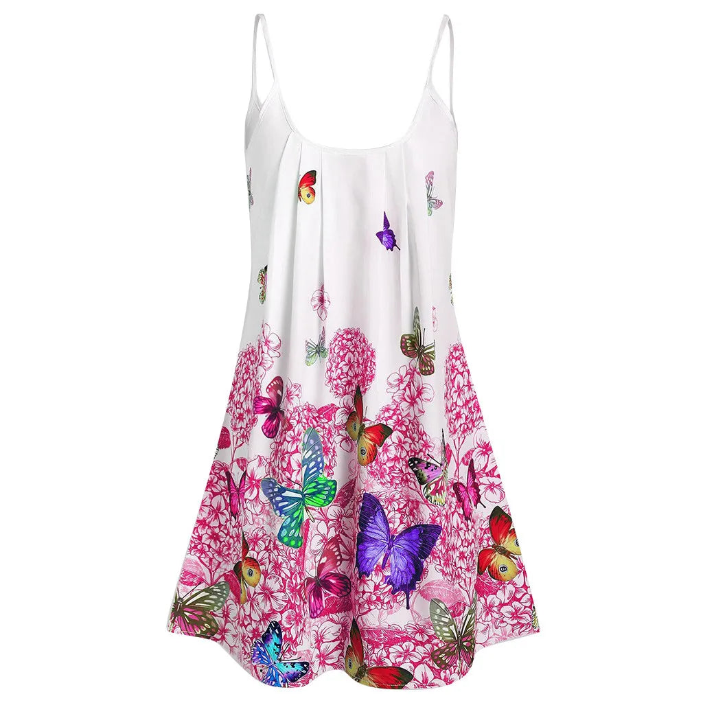 Lady Large Size Butterfly Print Loose Strap Dress Summer Simple Outdoor Leisure Beach Holiday Party Mini O-neck Dress Plus Size