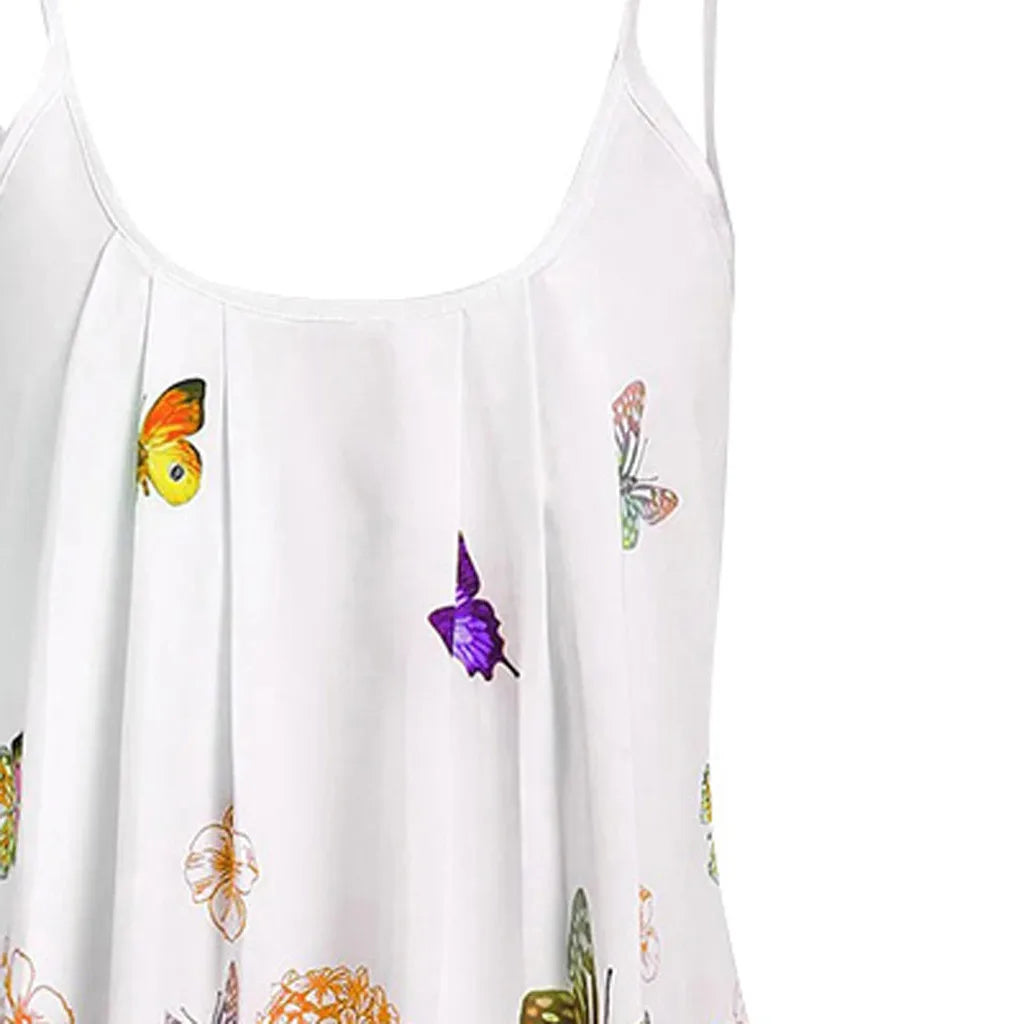Lady Large Size Butterfly Print Loose Strap Dress Summer Simple Outdoor Leisure Beach Holiday Party Mini O-neck Dress Plus Size