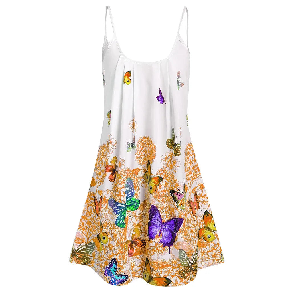 Lady Large Size Butterfly Print Loose Strap Dress Summer Simple Outdoor Leisure Beach Holiday Party Mini O-neck Dress Plus Size