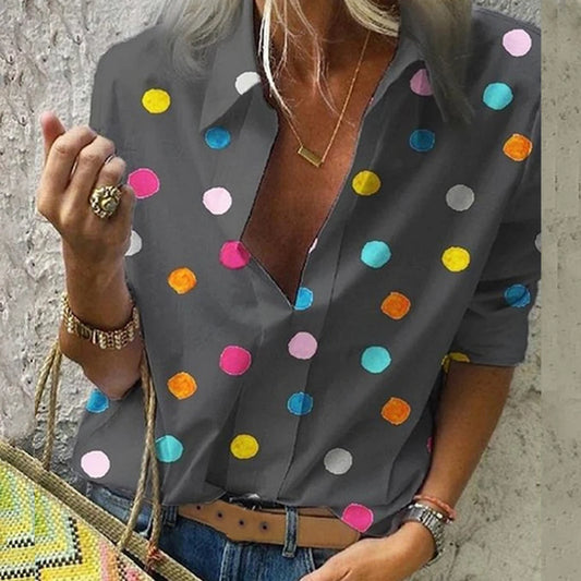 NIBESSER Summer Newest Fashion Women Blouses Casual Long Sleeve Loose Colorful Dot Print Sexy V Neck Tops Moda Blusas Plus Size