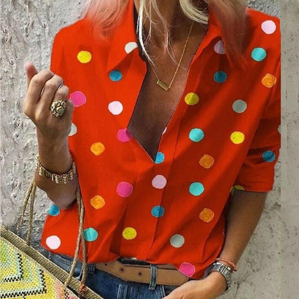 NIBESSER Summer Newest Fashion Women Blouses Casual Long Sleeve Loose Colorful Dot Print Sexy V Neck Tops Moda Blusas Plus Size