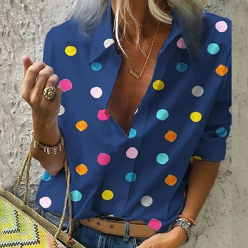 NIBESSER Summer Newest Fashion Women Blouses Casual Long Sleeve Loose Colorful Dot Print Sexy V Neck Tops Moda Blusas Plus Size