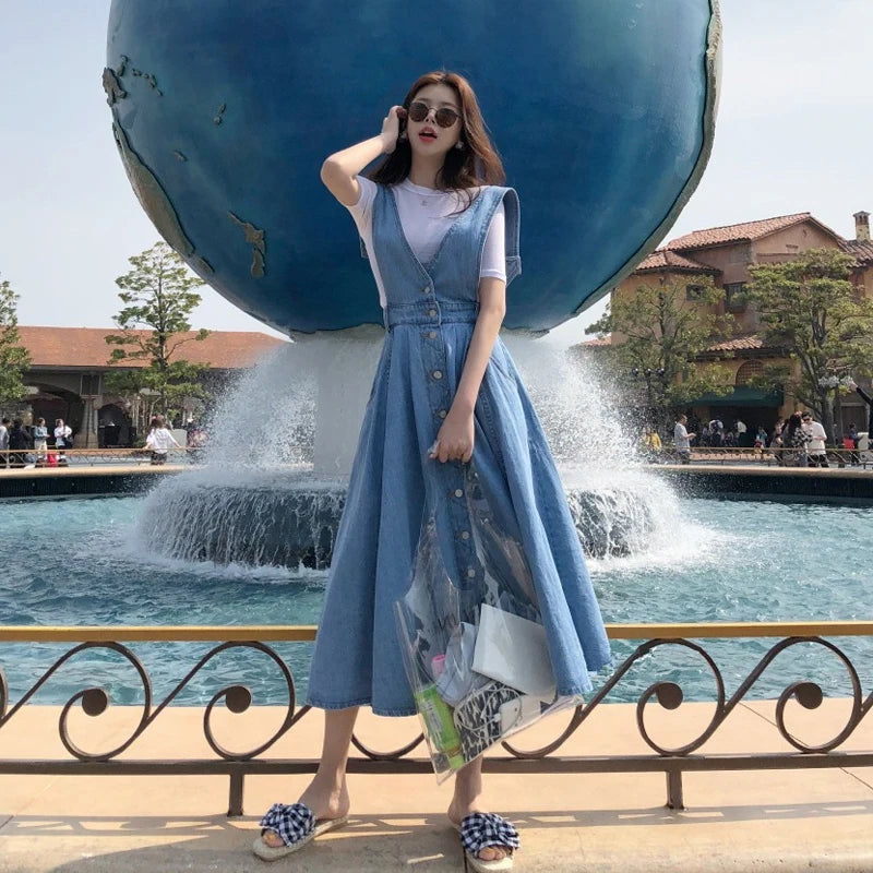 NORMOV Denim Dress Women Fashion Solid V Neck Sleeveless Backless With Button Pocket Mid Calf Cotton Strap Dress Office Lady