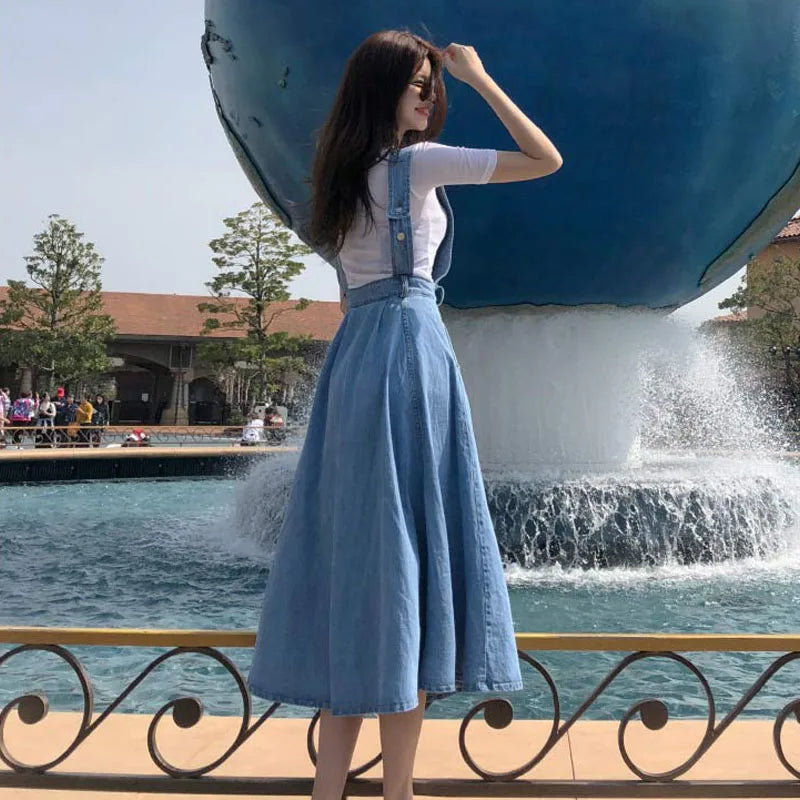 NORMOV Denim Dress Women Fashion Solid V Neck Sleeveless Backless With Button Pocket Mid Calf Cotton Strap Dress Office Lady