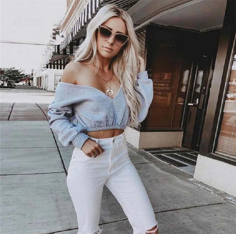 New Fashion Sexy Women Autumn Crop Hoodies Long Sleeve Casual Female Cotton Sweatshirts Deep V Neck Off Shoulder Street Wear