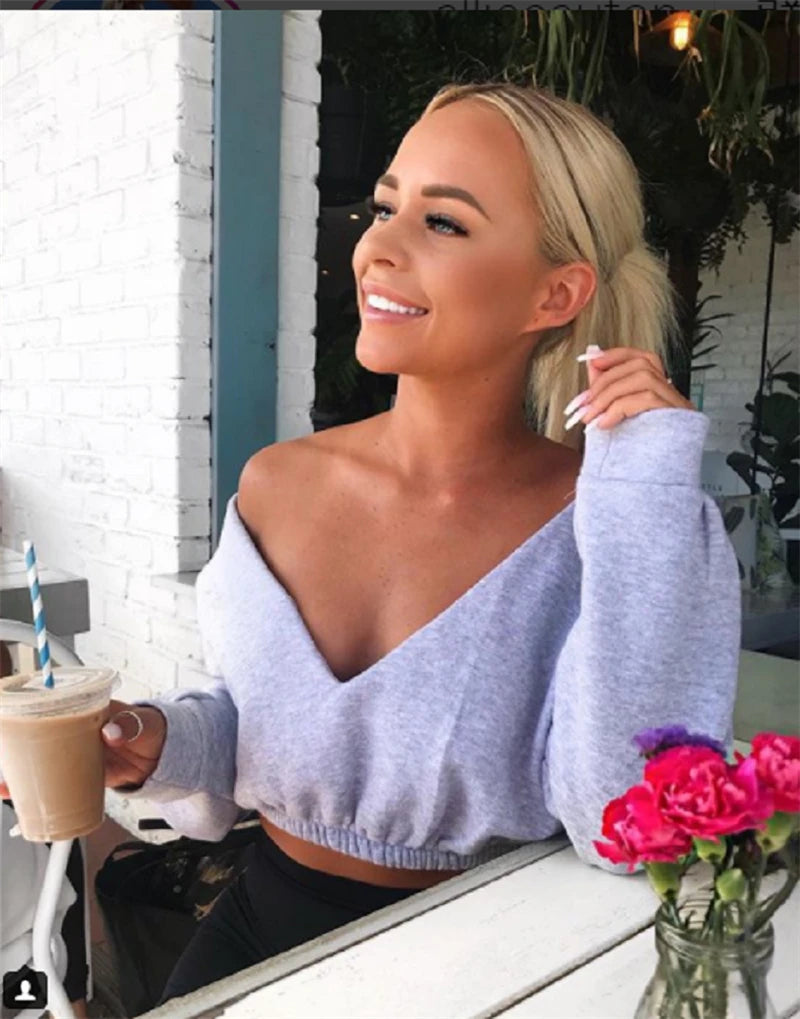 New Fashion Sexy Women Autumn Crop Hoodies Long Sleeve Casual Female Cotton Sweatshirts Deep V Neck Off Shoulder Street Wear