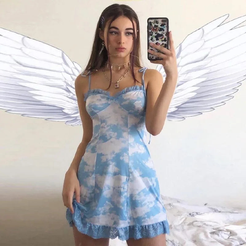 New Summer Clouds Print Ruched Ruffles A Line Dress Women Sexy Lace Up Spaghetti Strap Bodycon Party Club Dress Mini Vestidos