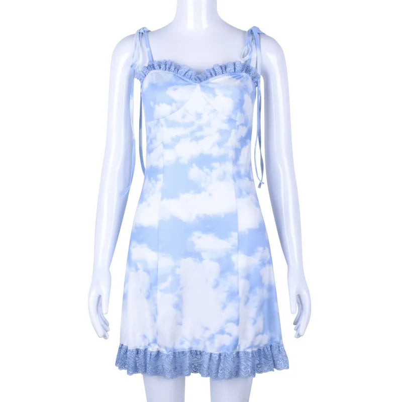 New Summer Clouds Print Ruched Ruffles A Line Dress Women Sexy Lace Up Spaghetti Strap Bodycon Party Club Dress Mini Vestidos