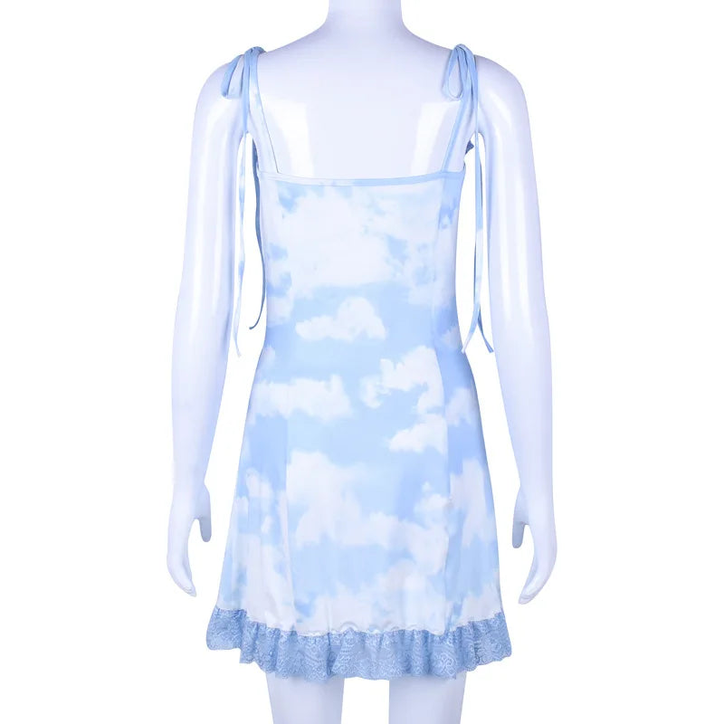 New Summer Clouds Print Ruched Ruffles A Line Dress Women Sexy Lace Up Spaghetti Strap Bodycon Party Club Dress Mini Vestidos